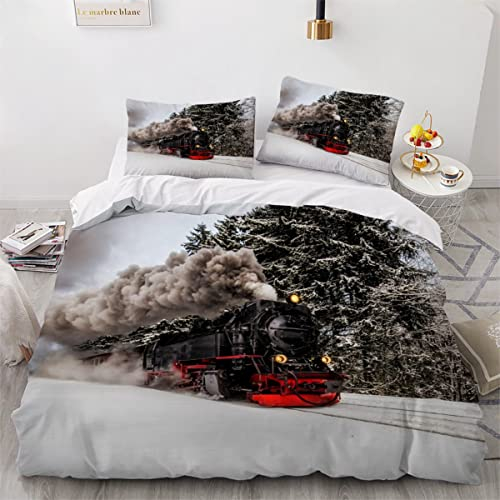 LLSL Retro-Zug Bettwäsche 135×200 Kinder Dampflokomotive 3D Druck Bettbezüge Mikrofaser Weiche kuschelig 3 teilig Bettwäsche Set mit Reißverschluss et 2 Kissenbezug 80x80 für Jungen