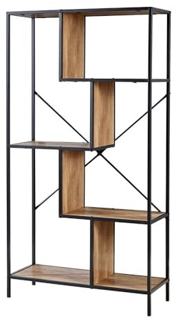 Home Source Large Open Storage Shelving Display Unit, Black Metal Frame, Weathered Oak Effect Finish