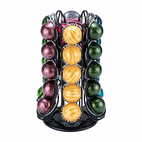 FlagShip Nespresso Vertuo Coffee Pod Carousel with Extra Basket, 360° Silent Rolling (30+ Pods & 1 Box Capacity)
