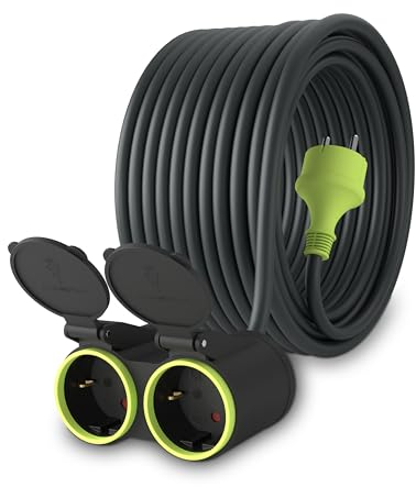 MutecPower 20m Cavo di prolunga con 2 prese Schuko per uso esterno IP44 H05RR-F3G 1,5mm² doppia prolunga con 2 prese con contatti di protezione cavo in gomma da esterno 20 metri nero/verde