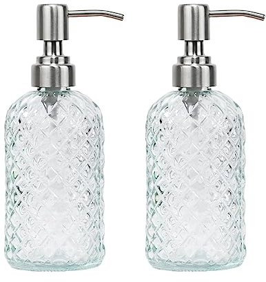SDlumeiy Seifenspender aus Glas mit Rautenmuster, für Küche und Bad, nachfüllbar, mit rostbeständiger Edelstahlpumpe für Handseife, Lotionglas, Flüssigkeitsspender (transparent, 2er-Pack)