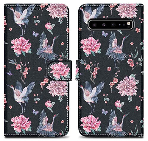 Cadorabo Hülle kompatibel mit Samsung Galaxy S10 5G - Design Kranich & Blumen No. 9 - Schutzhülle mit Magnetverschluss, Standfunktion und Kartenfach