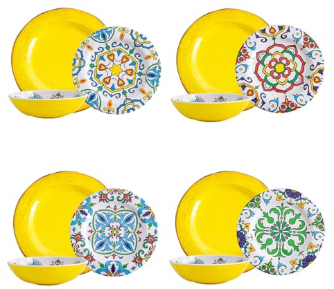 MissYIP 12 Pcs Melamine Dinnerware Sets - Talavera Dinner Dishes Set for Outdoor Use, Melamine Plates and Bowls Sets, Dishwasher Safe, Lightweight and Unbreakable