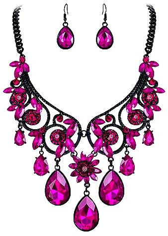 Clearine Damen Schmuckset Tribal Ethnic Kristall Chunky Erklärung Halskette baumeln Ohrringe Hot Pink Schwarz-Tone