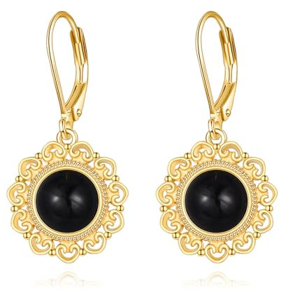 Schwarze Onyx Ohrringe Sterling Silber - 18K Gelb Gold Böhmen Filigrane Träne Ohrhänger Schmuck Geschenke für Damen Mädchen