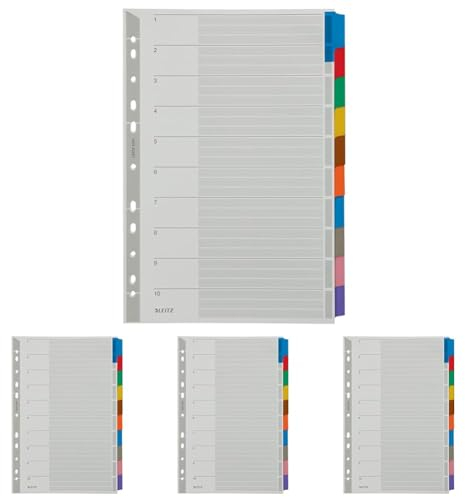 Leitz Ordner Register Blanko, 1-10, Karton, für A4, mit Deckblatt, 10 Trennblätterm, verstärktem Lochrand und bunten Taben, 43210000 (Packung mit 4)