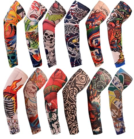 TSHAOUN 12 Pieces Art Arm Fake Tattoo Sleeves Cover For Men Women Nylon Fake Temporary Cool Tattoo Sleeves Elastic Arm Stockings Halloween Tattoo Hip Hop Sun Block Sleevelet For Festivals (12PCS)