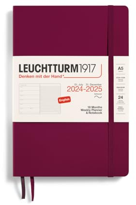 LEUCHTTURM1917 370810 Wochenkalender & Notizbuch Softcover Medium (A5) 2025, 18 Monate, Port Red, Englisch