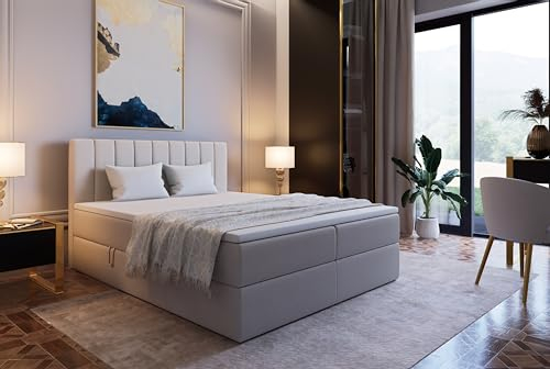 Marlux-Meble Boxspringbett 160x200 mit Bettkasten und Bett Kopfteil für Schlafzimmer - Bett mit Matratze 160x200 und Matratzen Topper (Palermo II, Beige)