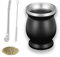Huamirra Mate Becher, Mate Teebecher, Edelstahl Companion Tee Set, Mate Tee Set mit Strohhalmlöffel und Reinigungsbürste, Companion Kürbis Set für Kaffee, Milch, Holzmaserung Farbe, 8 Unzen, Schwarz