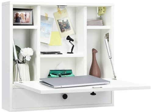 LIFEZEAL Mesa de Pared, Escritorio Plegable de Pared Que Ahorra Espacio, Mesa de Ordenador con cajón y estantes, Mesa Armario de Pared para Cocina, Oficina, Dormitorio (Blanco)