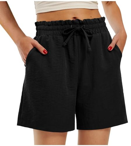 MJKKLM Short Sport Femme,Short Lin Coton Femme éTé Chic Large Fluide Pas Cher Short Travail Femme Grande Taille éLastique avec Poches Confortable Ample Mode 2024 Casual Sport Jogging Pantalon Court