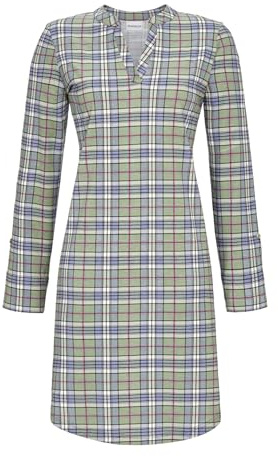 Ringella Damen Nachthemd Langarm aus Reiner Baumwolle mit kleinem Stehkragen - Sleepshirt mit abgerundetem Saum, klassisches Karo, atmungsaktiv und hautfreundlich