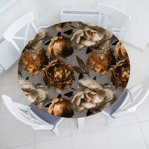 ABAKUHAUS Retro Elastisches Rundtischtuch, Wasserfarben blühende Pfingstrose Kunst, Rundum-elastische Stofftischdecke, 90 cm - 100 cm, Hell Grau Eierschalenfarben Bernstein