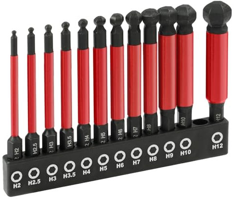 Flintronic 12Pcs Ball End Hex Screwdriver Bits Set, Magnetic S2 Steel Impact Allen Key Set, 1/4 Hex Shank Allen Wrench Drill Bits, 65mm Impact Drill Bit for Furniture Assembly - Metric H2-H12
