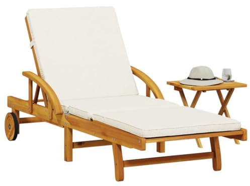 CIADAZ Sonnenliege mit Auflage und Tisch Massivholz Akazie, Gartenliege, Liegestuhl, Sonnenstuhl, Sonneninsel Outdoor, Liegen, Gartenmöbel, Bäderliege, Relaxliege - 3206362