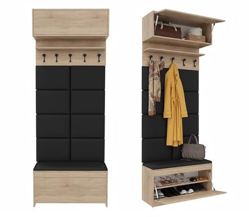 PLATAN ROOM Wand-Garderobe Set mit Garderobenpaneel & Schuhschrank & Hängeschrank 100 cm Flurgarderobe Garderobenset Flur Eiche Holz Weiß (4-TLG. mit 8 paneel, Sonoma Eiche)