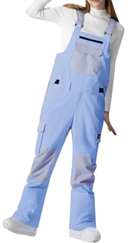 Ski-Lätzchen für Damen – Skihose mit Lätzchen, farbblockierend, wasserdicht, winddicht, warm, atmungsaktiv, Overalls mit mehreren Taschen, isolierte Ski-Latzhose für Paare, blau, XL