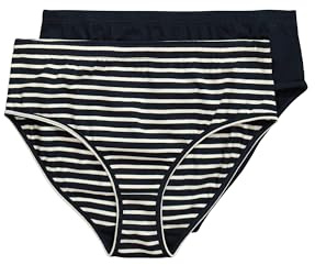 Ulla Popken Damen Slip, 2er-Pack, Ringel/Uni, Biobaumwolle Unterwäsche, Marine, 50-52 EU