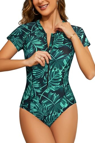 SHEKINI Women's One Piece Rash Guard Short Sleeve 1/4 Zip up Swimsuit Quick Dry Bathing Suit Build in Bra Swimming Costume, Green Leaf Printed, S