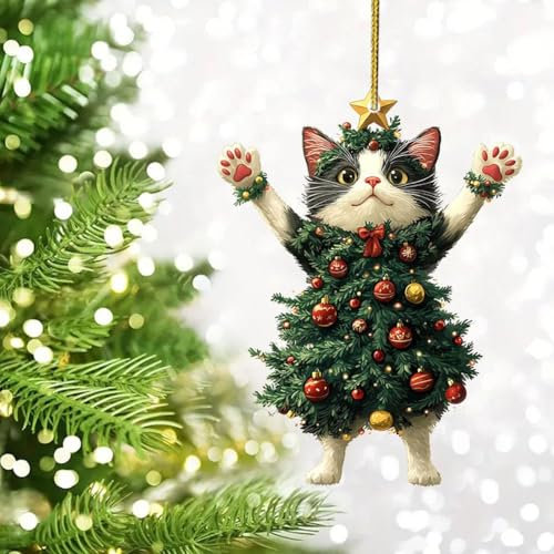 Black Cat Acrylic Christmas Ornament, Black Cat Tree Hanging Xmas Decor, Adorable Cat Dressed as a Christmas Tree, Black of Friday 2D Cat Acrylic Hanging Decoration, Funny Cat Gifts for Cat Lovers