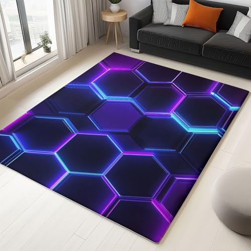 Teppich Wohnzimmer Waschbarer 140 X 200 cm - Kurzflor Flanell Teppich Großer Schlafzimmer - Neon Sechseck Weich rutschfest Design Für Büro, Esszimmer, Küchen, Mehrfarbig