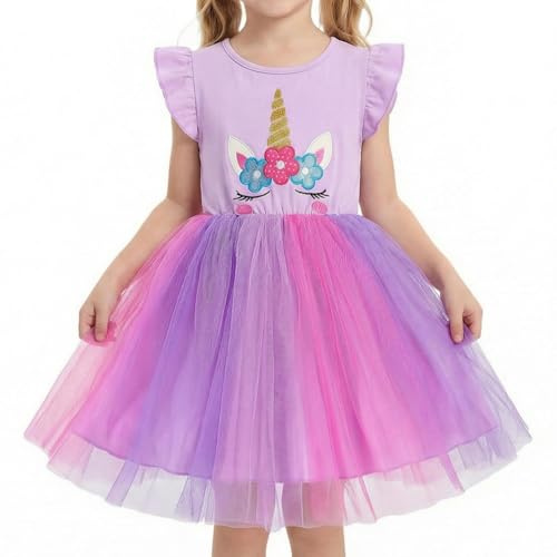 DivingBirds Girls' Dresses Unicorn Dress for Girls Ruffled Tulle Tutu Kids Dress Little Ladies Summer Outfits Party Gifts 3-8 Years