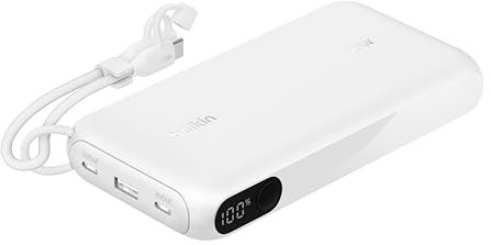 Belkin Powerbank 20.000 mAh mit 2 USB-C-Anschlüssen und 1 USB-A Anschluss, Akkuanzeige, 20 W Leistung für iPhone-Serie 16, Samsung Galaxy S25, Pixel 9, iPad usw. – Weiß