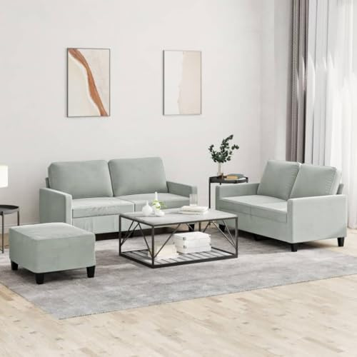 Qnhdfrt 2-Sitzer Sofa Garnitur Hellgrau Samt mit Hocker und Kissen für Wohnzimmer Balkon