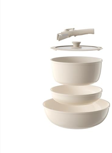 OUBRL Pots and Pans Set Non Stick, Ceramic Cookware Set Detachable/Removable Handles, RV Camping Kitchen Cooking Set, Dishwasher/Oven/Fridge Safe, Induction, Space Saving