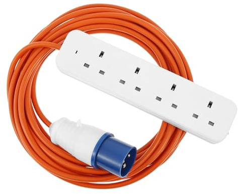 Camping Electric Hook Up Cable 4 Gang Camping Cable Plug Power Hookup Sockets 16A 220V Heavy-Duty 7m Mains Extension Lead Camp Hook Up Power Cables for Caravans Campervans Motorhomes