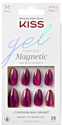 KISS Gel Fantasy Magnetic Stream 28 Nägel Dunkelrot Mittellang Mandelform | 28 Press-On Kunstnägel in Dunkelrot, mittellange Mandelform, Magnetic-Look, einfach aufkleben, sofort tragfertig, Salonlook