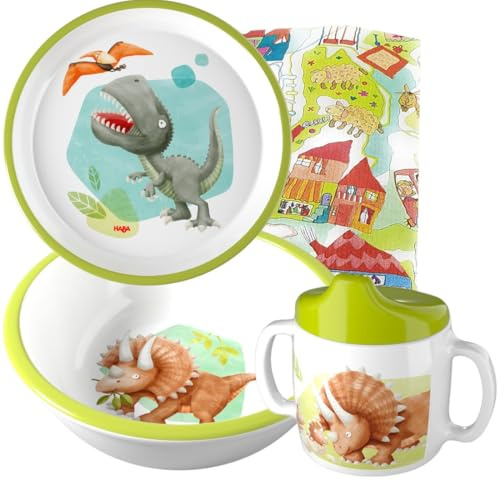 HABA Kindergeschirr Set Dinosaurier – Melamin Schüssel, Trinklernbecher & Teller, rutschfest, spülmaschinenfest, ab 6 Monate, Geschenkset Taufe (Dino/Trinklerntasse)