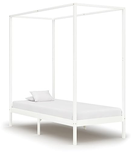 HaoChrymec Himmelbett-Gestell Weiß Massivholz Kiefer, Mit Oberrahmen für Vorhänge, Robuste Konstruktion, polsterbett, einzelbett, Für Schlafzimmer, 100x200 cm
