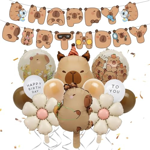 13 Stück Capybara Luftballons Geburtstagsdeko Set, Kindergeburtstag Deko | Capybara Folienballons & Happy Birthday Girlande & Gänseblümchen Ballons & Latexballons & Band, für Kinder Capybara Liebhaber