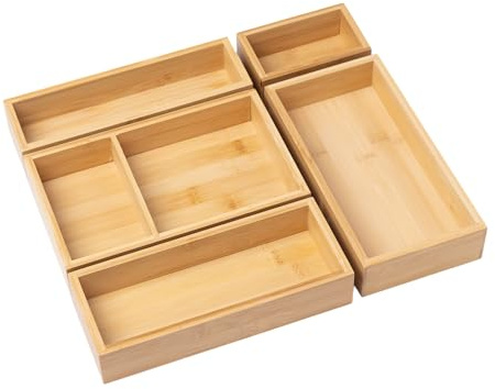 Ninebendstreams Bambus-Schubladenorganizer-Set, 5-teilig | Für Büro, Küche, Holzschubladen-Tee-Organizer-Boxen, Für Besteck, Make-up und Teebeutel