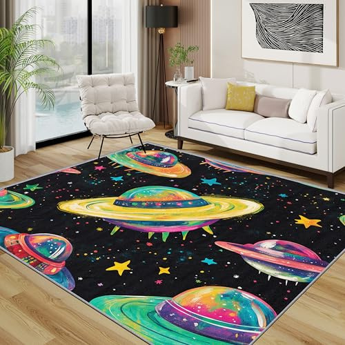 TerroVee Pflanzen Teppich 140x200 cm, Bunt Planeten Weltraum Teppich Wohnzimmer, Sternen Kinderzimmer Kurzflor rutschfest Pflegeleicht Teppiche Für Jugendzimmer Schlafzimmer, Bunt