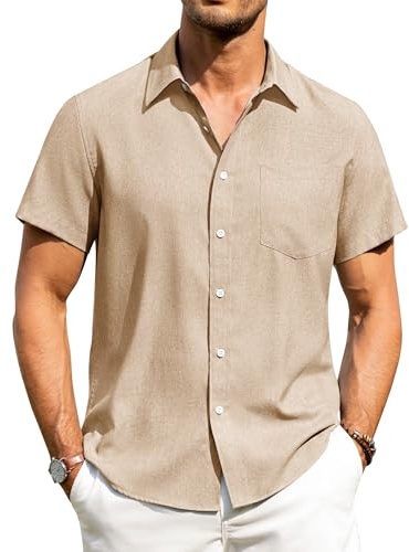 Alimens & Gentle Mens Linen Shirts Short Sleeve Regular Fit Casual Summer Holiday Button Down Shirt with Pocket S-4XL