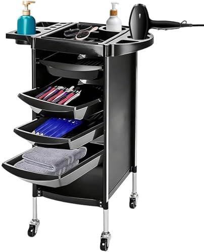 4 Drawers Removable Hairdressing Trolley on Wheels 360° Mobile Beauty Salon Cart, Foldable Top Easy Clean Surface Design for Barber Spas Home Nail Tech Makeup