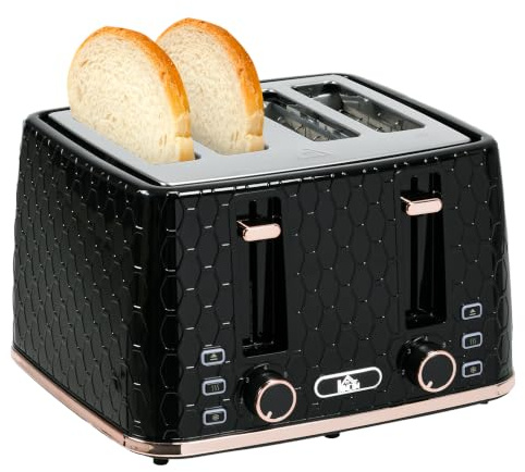HOMCOM Toaster 4 Scheiben 7 Bräunungsstufen Auftaufunktion 1860W Schwarz | Edelstahl, Aufwärmfunktion, Liftfunktion, Krümelschublade, Auto-Abschaltung