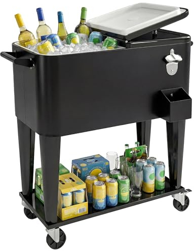 Outsunny Carro refrigerado de 76 l, con ruedas, abrebotellas, tapa de desagüe, nevera portátil con colector de cápsulas, carrito auxiliar, bar, recipiente refrigerador, carrito de bebidas, para