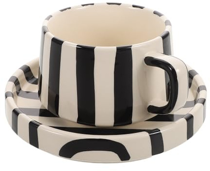 Kichvoe Ensemble Design Rayé Unique Soucoupe en Céramique Noire Tasse à Café Spécialement Conçu pour Latte Art, Facile à Nettoyer, pour Thé de - Bureau