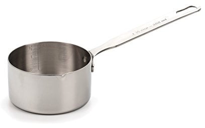RSVP International Endurance Stainless Steel Measuring Pan Scoop, 1 1/2 Cups | Dry or Liquid | Baking or Cooking | Perfect for Feeding Pets, Cat Dog Food, Bird Seed, etc. | Dishwasher Safe, Blue