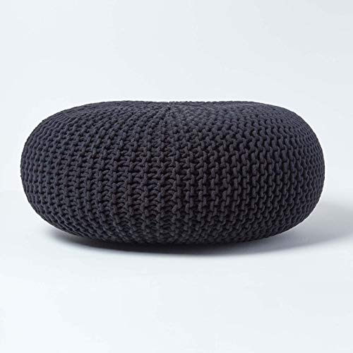 Homescapes Pouf Strickpouf rundes Bodenkissen, Sitzpouf 70 x 23 cm, gepolsterter Sitzhocker, Sitzpuff/Puff mit grob gestricktem Bezug aus 100% Baumwolle, Strickpuff, schwarz
