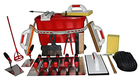 Fliesenwaschset Fliesenwaschset PREMIUM Fliesenwascheimer 22 Liter + grosses Werkzeugset 5 x Glättekellen rostfrei mit Softgriff, Fliesenwaschbretter, Fliesenlochzange, Rührer uvm.