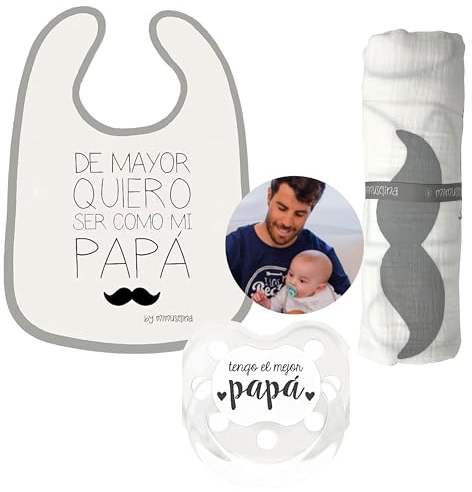 MIMUSELINA Geschenkset zum Vatertag | inklusive Schnuller, Lätzchen und Musselin aus Baumwolle mit Papa-Motiv | ideales und originelles Geschenk für diesen Vatertag | originelle Geschenke für