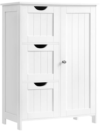 VASAGLE armario de almacenamiento para baño, armario de piso con 3 cajones grandes y 1 estante ajustable, 23.6 x 11.8 x 31.9 pulgadas, color blanco UBBC49WT