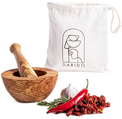 DARIDO set de Mortero de Madera de Olivo Natural 12x11cm - Molinillo de Ajo - Molinillo de Especias y Hierbas - Hecho a mano - Mortero de Madera con Pistilo - Triturador de Nueces - Decoracion Rustica