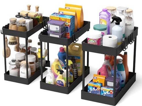 Meltrck Organizador Bajo Fregadero 3 Unidades - Estante Doble Nivel Fijo para Cocina y Bano, Sistema deAlmacenamiento Listo para Usar (incluye Soporte para Productos de Limpieza)