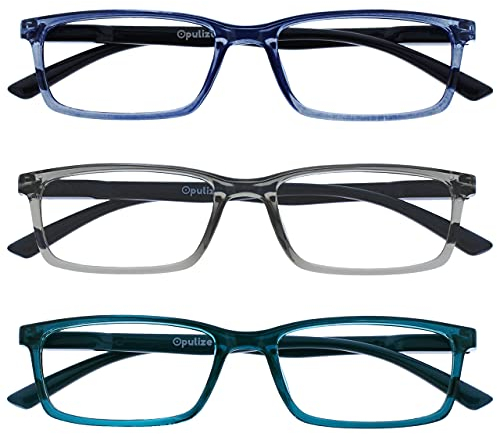 OPULIZE See-Lesebrille Blaulichtfilter 3er Pack Schmal Rahmen Federscharniere Verbessern Den Schlaf Computer Gaming Entspiegelt Transparenter Blau Grau Türkis Herren Damen BBB9-37Q +3.50